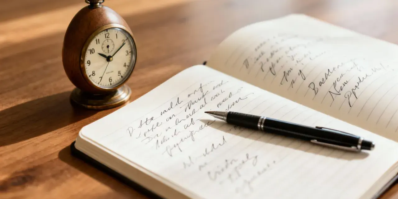 Reloj de mesa y cuaderno abierto con bolígrafo, ideal para ejercicios de escritura para adultos.