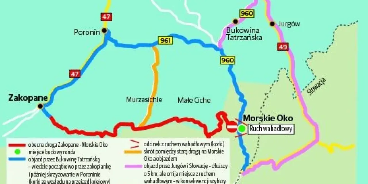 Mapa pokazuje jak dojechać do Morskiego Oka z Zakopanego. Wskazuje objazdy i odcinki z ruchem wahadłowym.