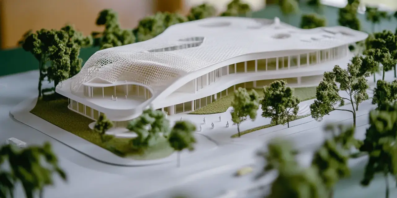 A 3D printed architectural model showcases a futuristic building with a flowing roof, demonstrating how to use 3d printing in architecture for complex designs.