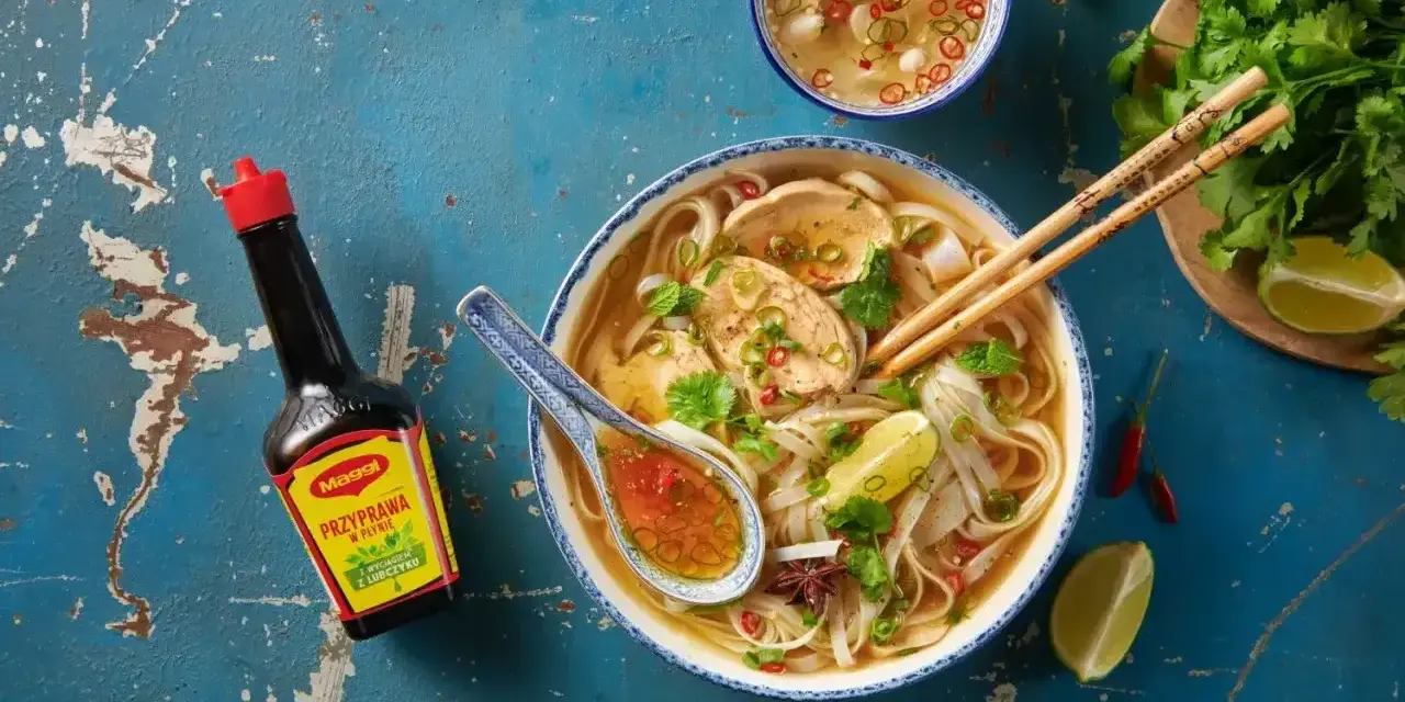 Aromatyczne pho z kurczakiem, makaronem ryżowym, limonką i świeżą kolendrą. Maggi Przyprawa w płynie doda głębi smaku.