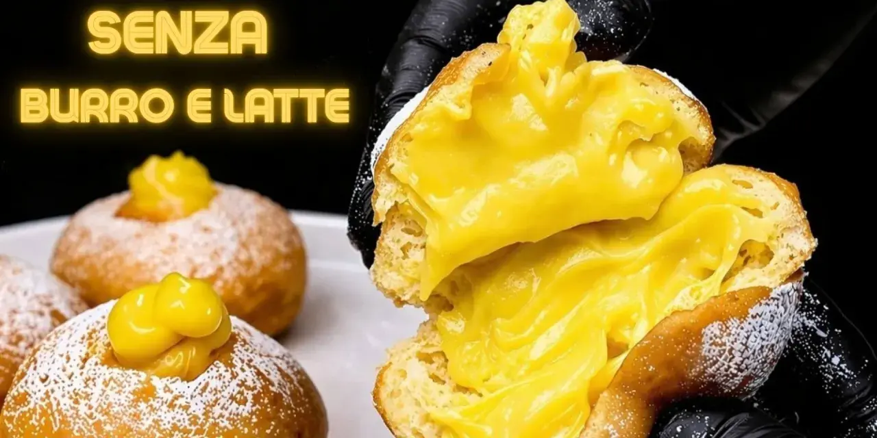 Bomboloni alla crema, soffici e ripieni, senza burro e latte. Un'esplosione di dolcezza.