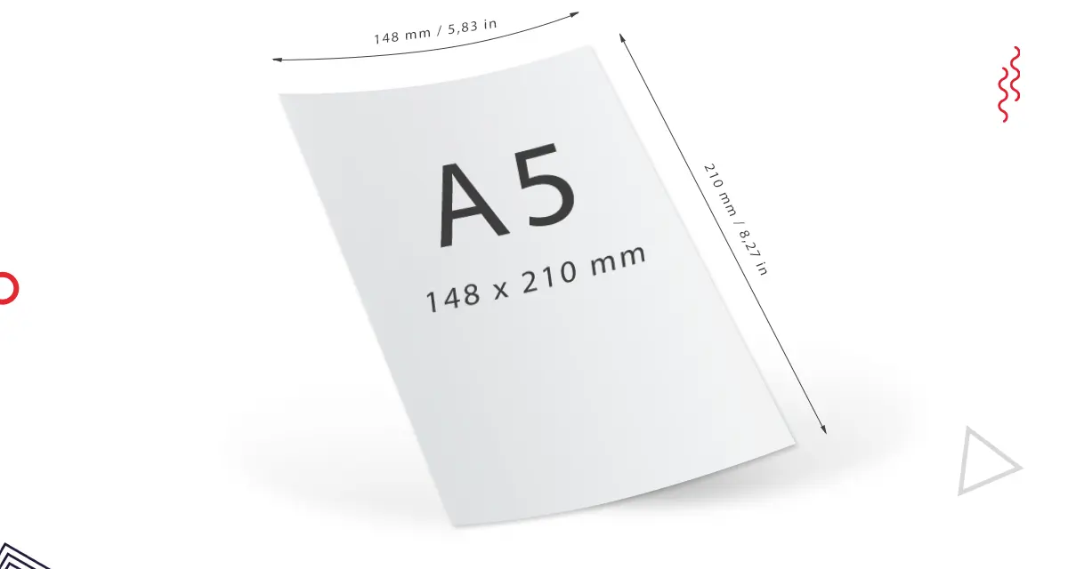 Karta papieru z napisem A5 i wymiarami 148 x 210 mm. Idealna do każdego projektu.