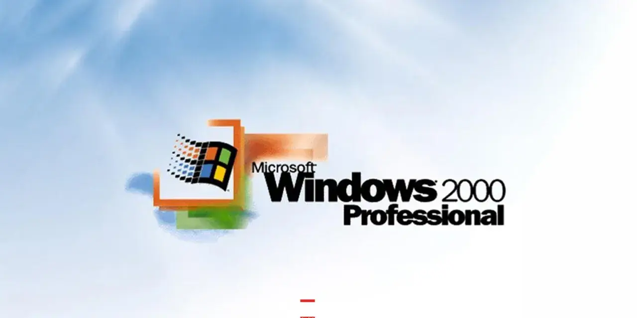 Logo Microsoft Windows 2000 Professional na tle błękitnego nieba z chmurami.