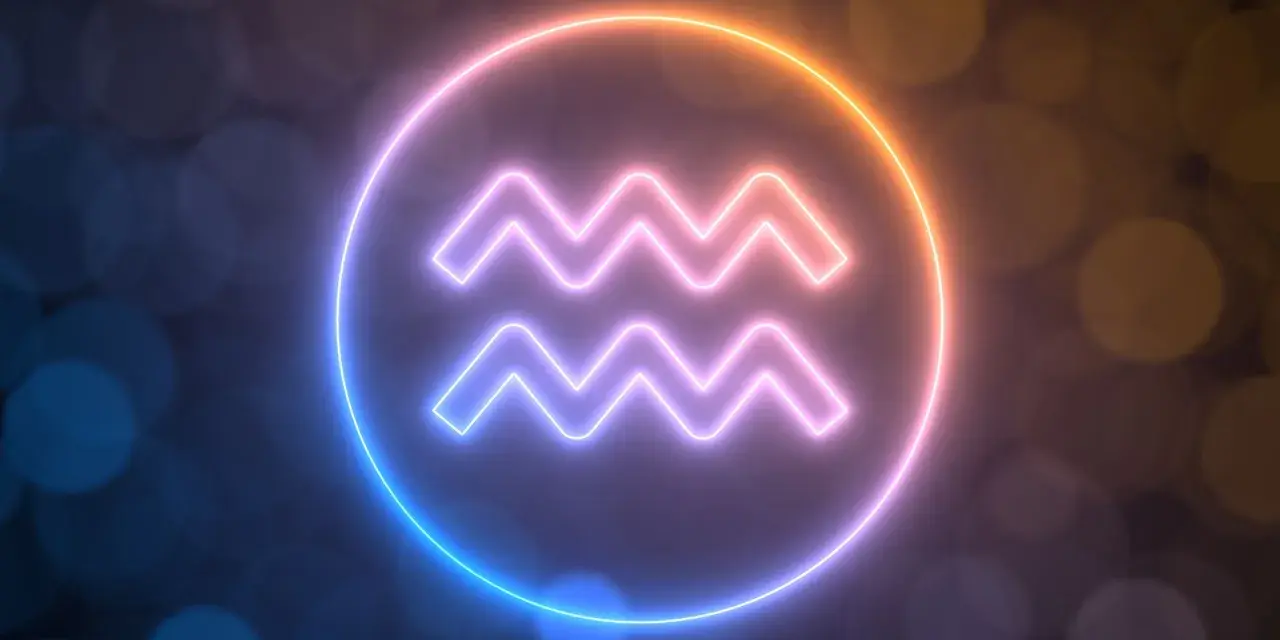 Neonowy symbol Wodnika, znaku zodiaku dla osób urodzonych 22 stycznia, otoczony poświatą.