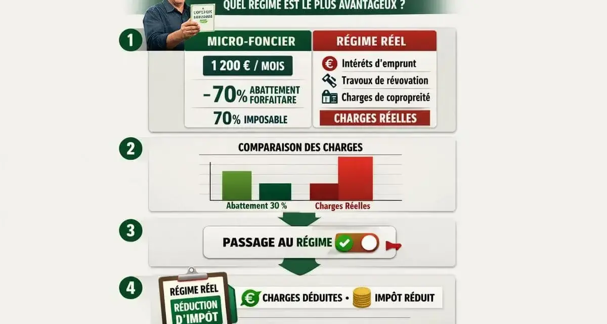 Infographie comparant le micro-foncier et le régime réel pour un exemple de revenu foncier. Elle montre les avantages du régime réel pour réduire l'impôt.