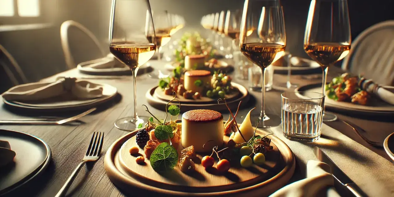 Ett elegant dukat bord med glas fyllda med gyllene vin, redo för en utsökt måltid. Små desserter med bär och frukt väntar.