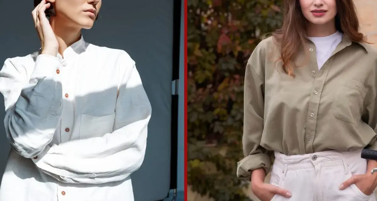 Dwie kobiety prezentują, jak nosić koszule oversize: jedna w białej, druga w oliwkowej. Luźny krój dodaje stylu.