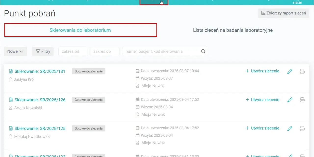 Ekran "Punkt pobrań" w systemie MedFile. Widoczne skierowania do laboratorium, lista zleceń badań, filtry i opcje zarządzania.
