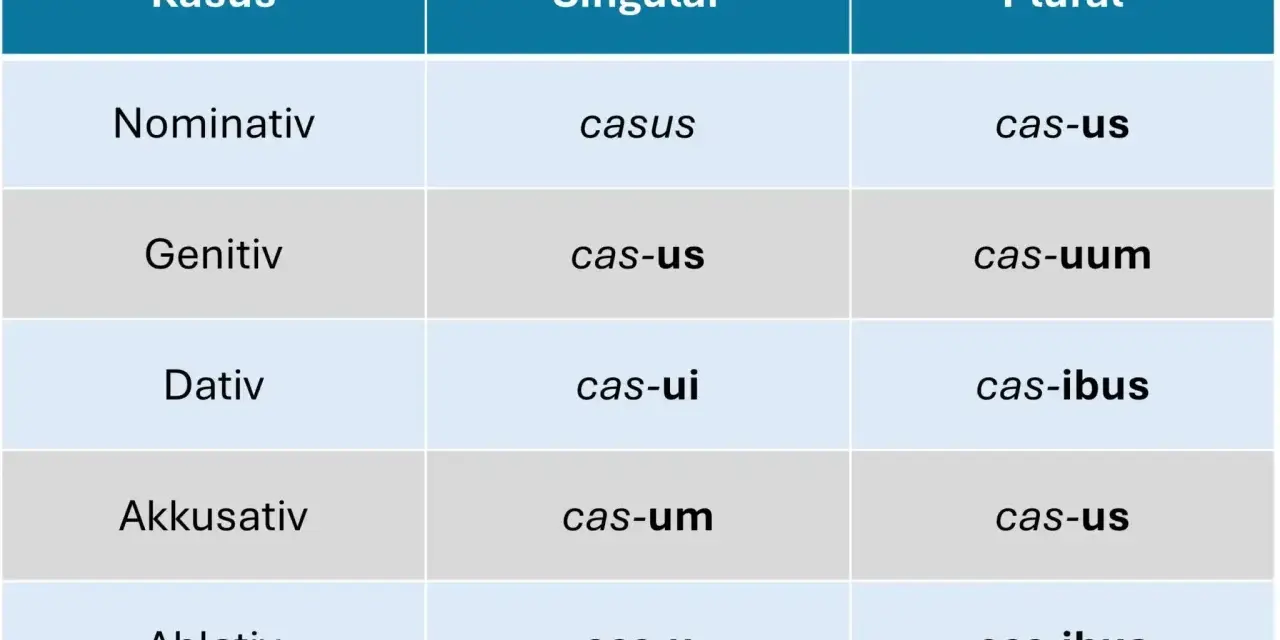 Tabelle zur lateinischen U-Deklination: Kasus, Singular und Pluralformen des Wortes "casus".