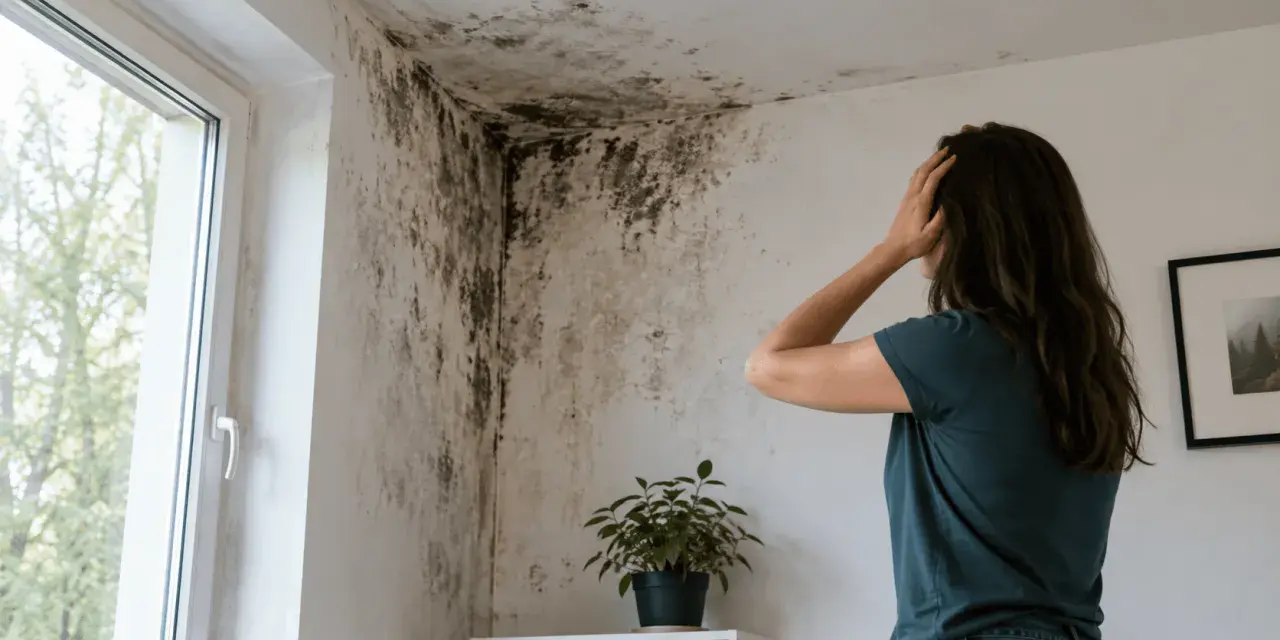 Frau verzweifelt wegen Schimmel an der Wand. Sie muss den **Schimmel Vermieter melden**, um eine Lösung zu finden.