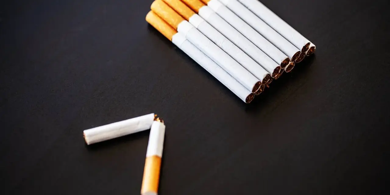 Kilka papierosów ułożonych w rzędzie i jeden złamany na pół.