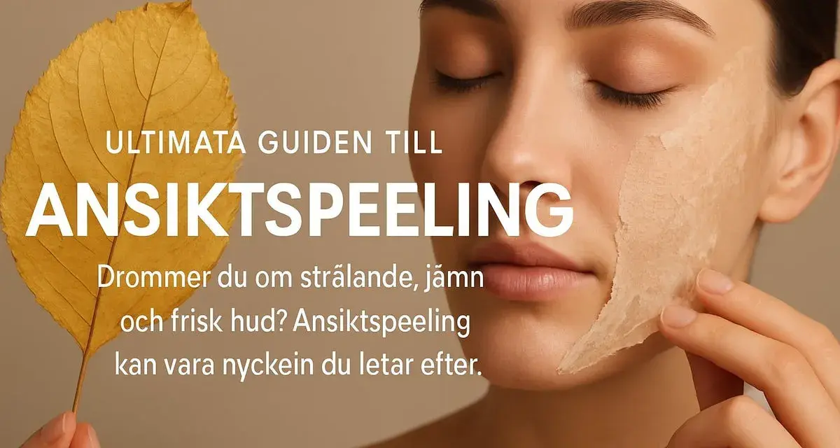 En kvinna med slutna ögon drar försiktigt bort ett lager av ansiktspeeling. En guldfärgad höstlöv ligger bredvid texten "Ultimata guiden till ansiktspeeling".