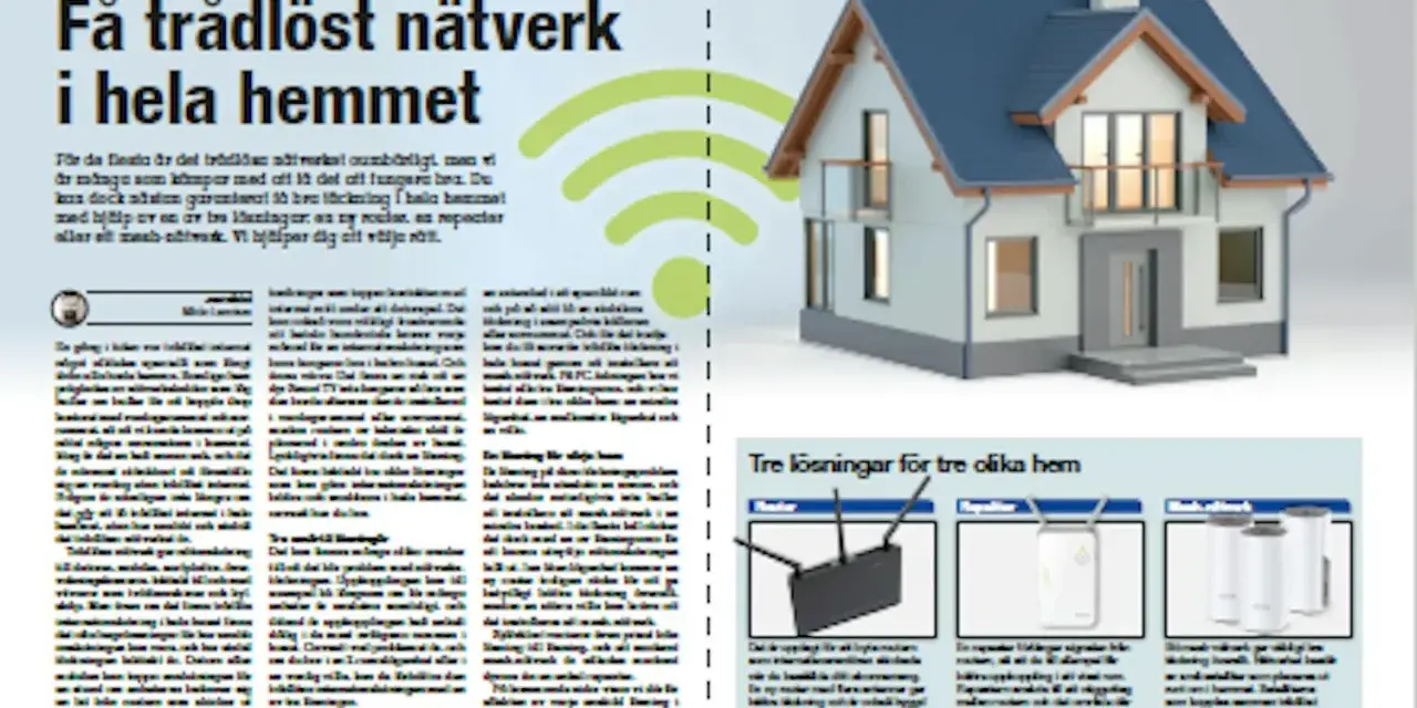 En bild på ett hus med en wifi-symbol och texten "Få trådlöst nätverk i hela hemmet". Nedanför visas en test router och andra nätverkslösningar.