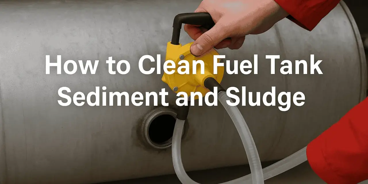 A hand in a red sleeve uses a yellow pump to begin fuel tank cleaning, removing sediment and sludge.