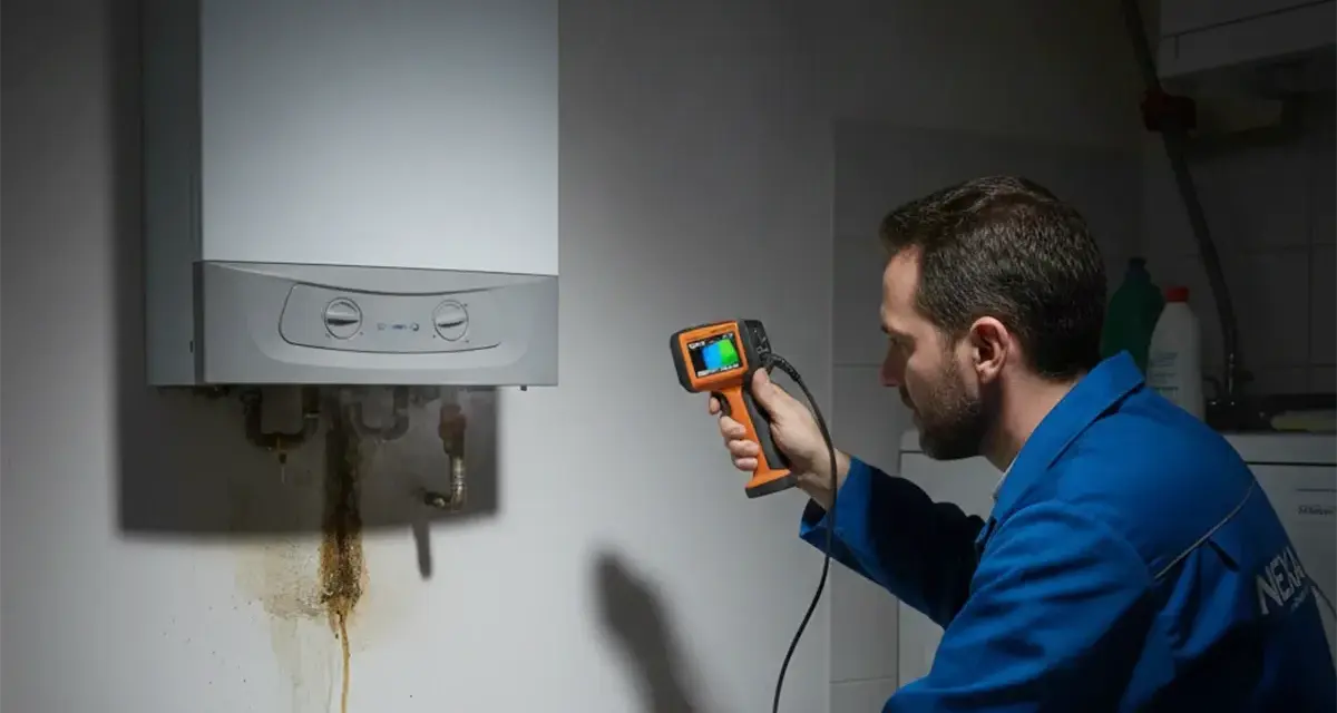 Tecnico esamina una caldaia con termocamera, notando una perdita. La pressione della caldaia è di 3 bar.