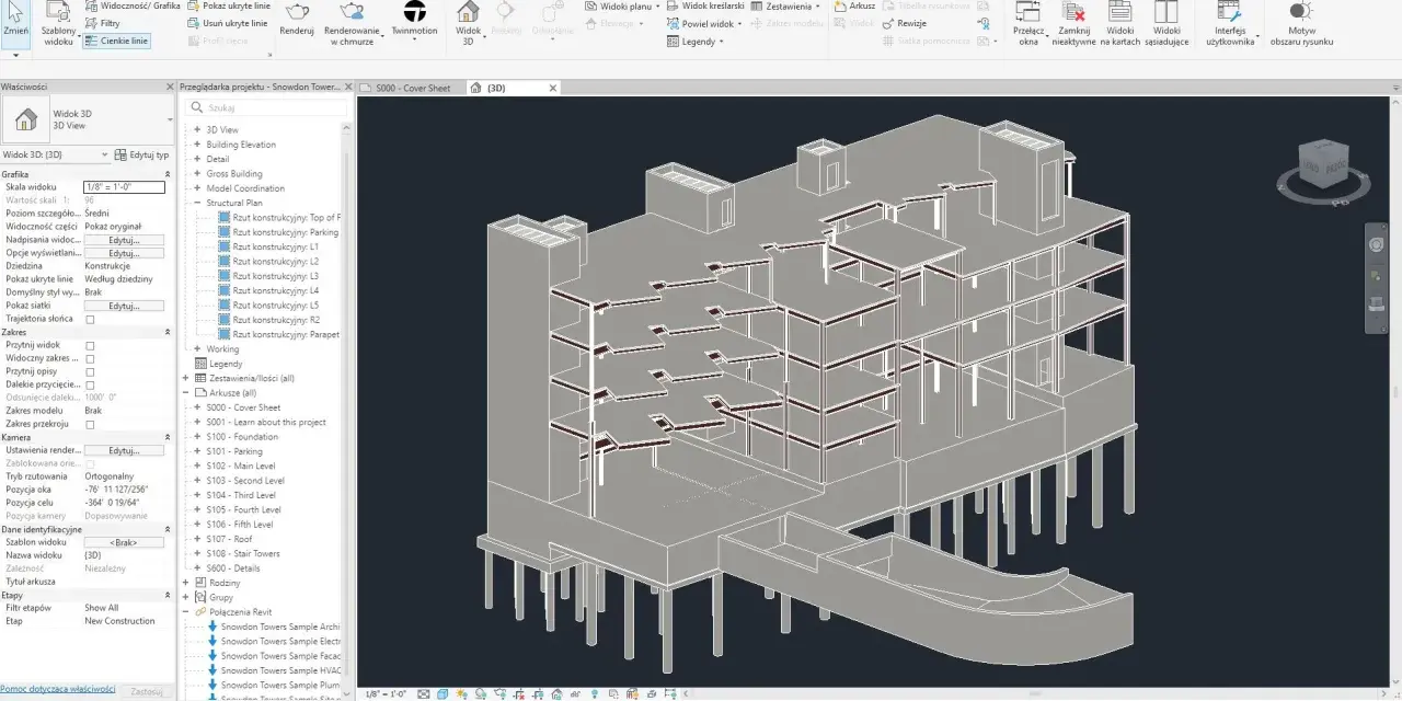 Widok 3D budynku w programie Revit. Widoczna konstrukcja pięter, słupy i fundamenty. W panelu po lewej stronie widać opcje widoku i przeglądarkę projektu.