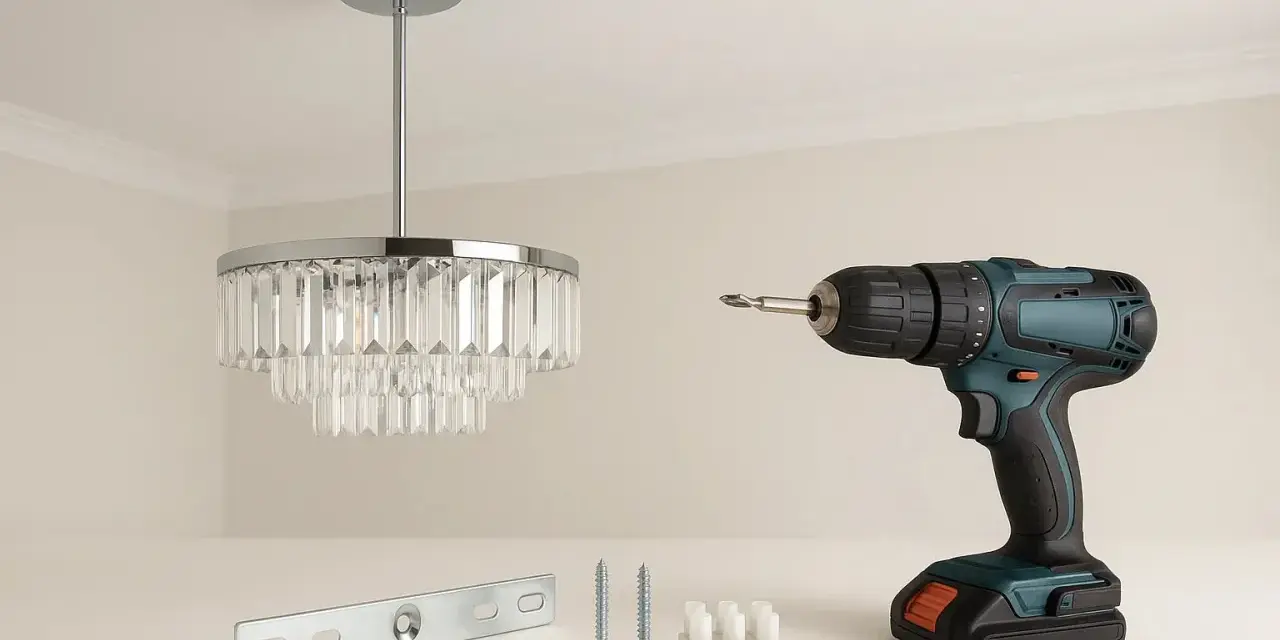 Comment fixer un lustre au plafond avec crochet : perceuse, vis, chevilles, connecteurs et un beau lustre en cristal.