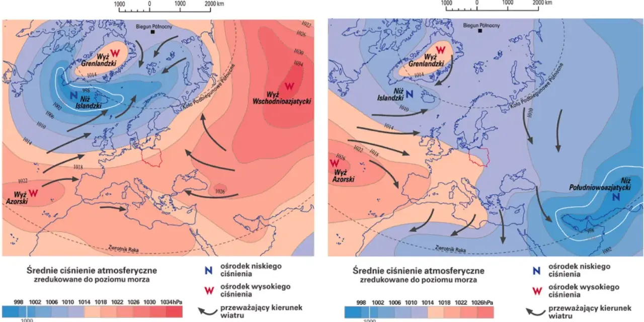 Dwie mapy pokazują rozkład średniego ciśnienia atmosferycznego nad Europą i Arktyką. Widoczne są układy wysokiego i niskiego ciśnienia oraz kierunki wiatru.
