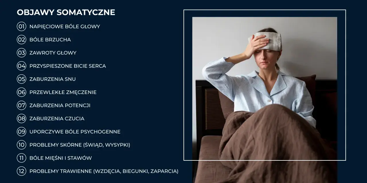 Kobieta z okładem na czole, cierpiąca na bóle somatyczne. Lista objawów i wskazówki, jak leczyć bóle somatyczne.