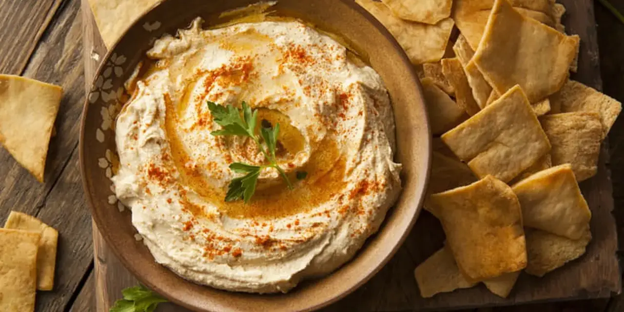 Houmous crémeux, garni de paprika et de persil, servi avec des chips pita croustillantes. Une recette houmous facile pour un apéritif gourmand.