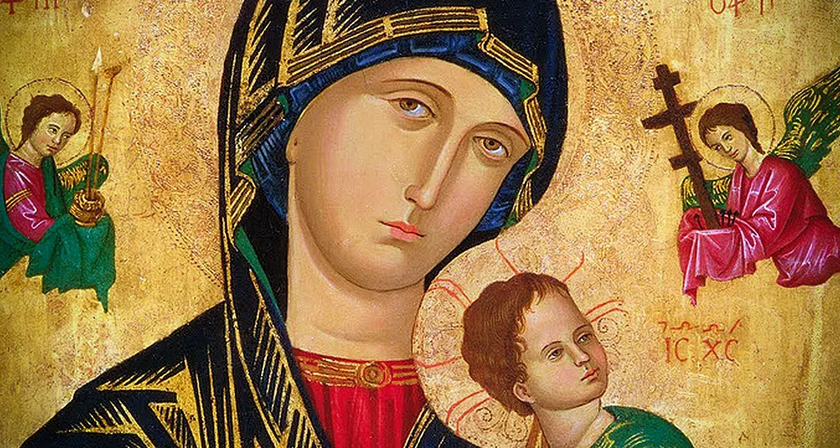 Ikona Matki Bożej Nieustającej Pomocy z aniołami. Wzrok Maryi pełen troski, Dzieciątko Jezus spogląda w górę.