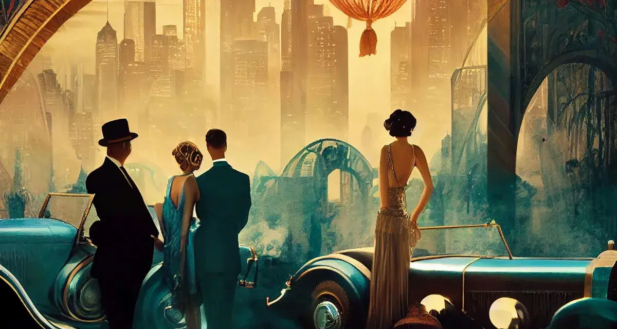 Eleganckie pary podziwiające panoramę miasta w stylu art deco malarstwo. Złote balony unoszą się nad drapaczami chmur.