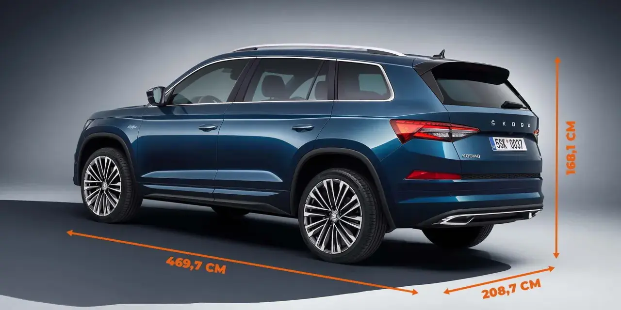Skoda Kodiaq wymiary: długość 469,7 cm, szerokość 208,7 cm, wysokość 168,1 cm. Duży SUV dla rodziny.