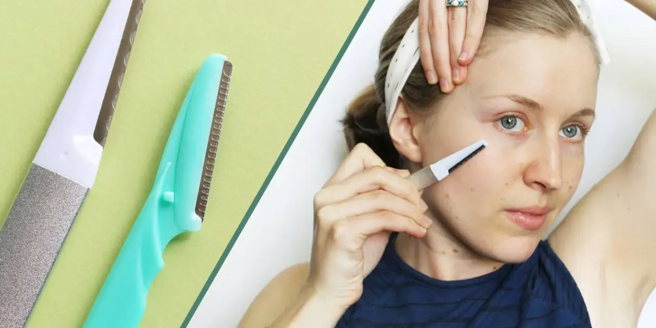 Dermaplaning for men: A woman uses a facial razor, similar to those used for dermaplaning, to exfoliate her skin.