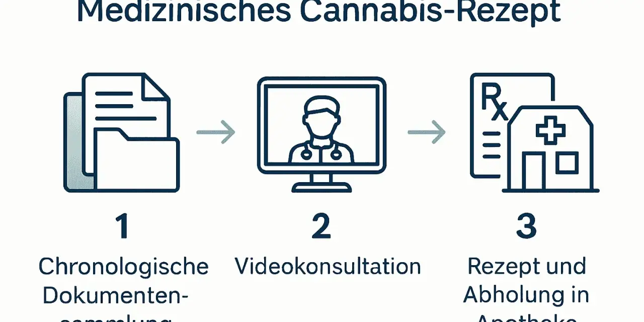 Schritt-für-Schritt-Anleitung für ein medizinisches Cannabis-Rezept: Dokumente, Videokonsultation, Rezept & Apotheke.