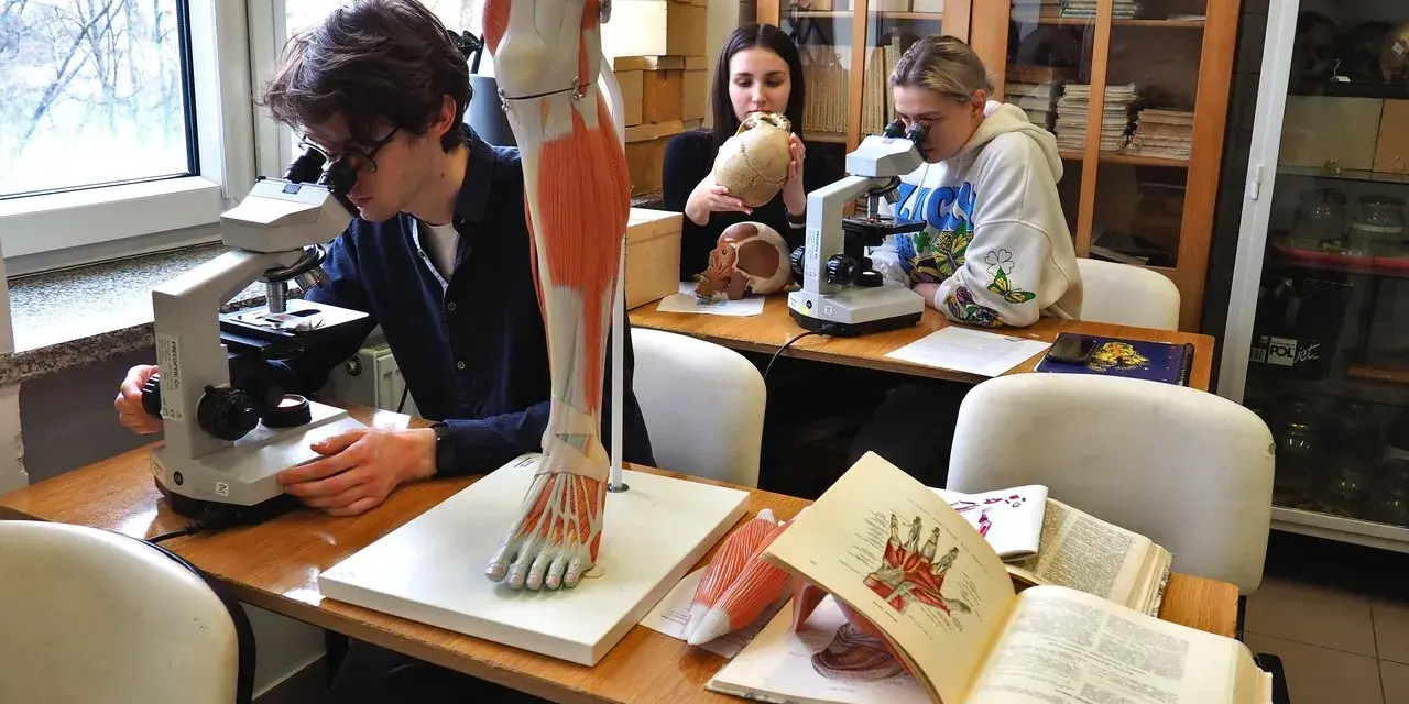 Studenci biologii medycznej zgłębiają tajniki anatomii przy mikroskopach i modelach.