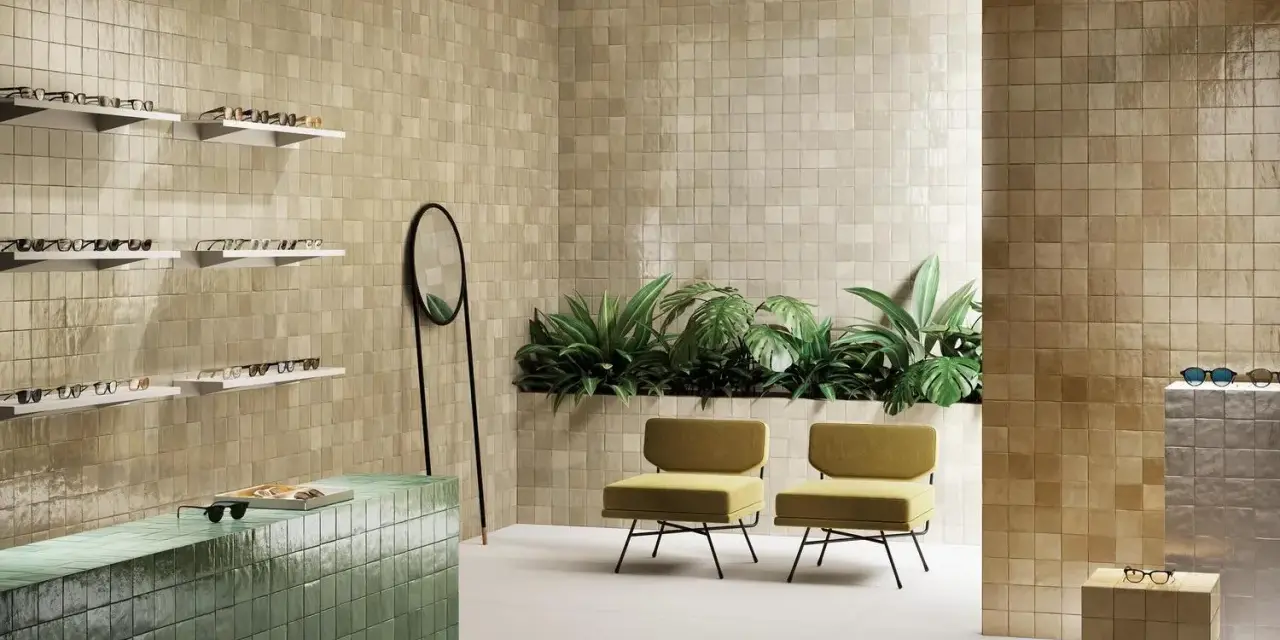 Un espace moderne avec des murs recouverts de **zellige** beige, un comptoir vert émeraude, des plantes luxuriantes et des chaises jaunes.