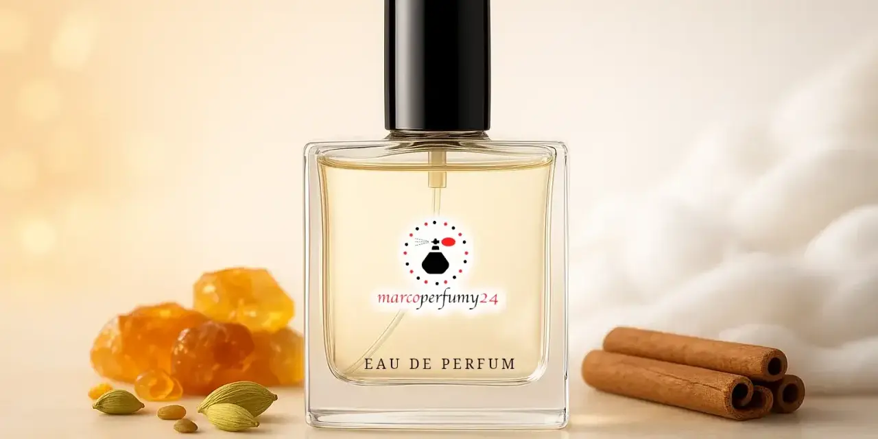 Elegancka butelka perfum z nutami kardamonu i cynamonu, sugerująca bogaty zapach piżma.