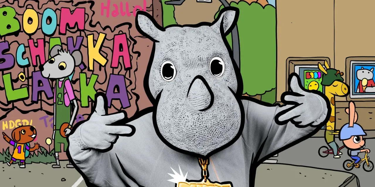 Ein Nashorn mit Goldkette und Graffiti im Hintergrund.