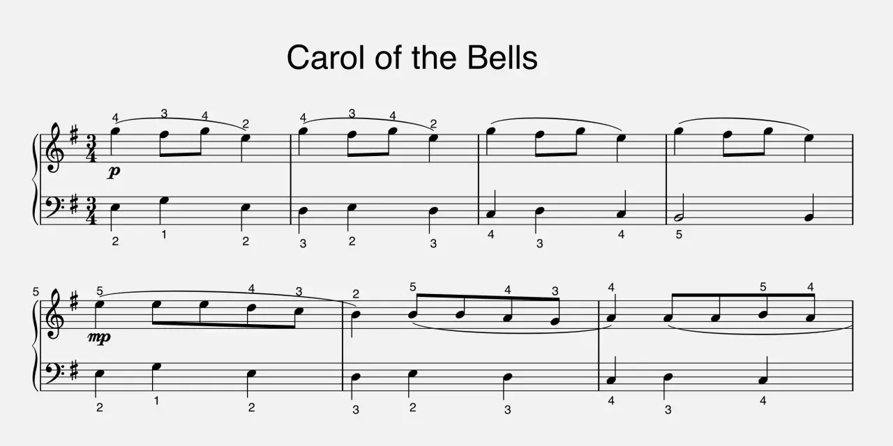 Fragment nut "Carol of the Bells" Mykoły Leontowycza. Słowa tej kolędy brzmią jak dzwonki.
