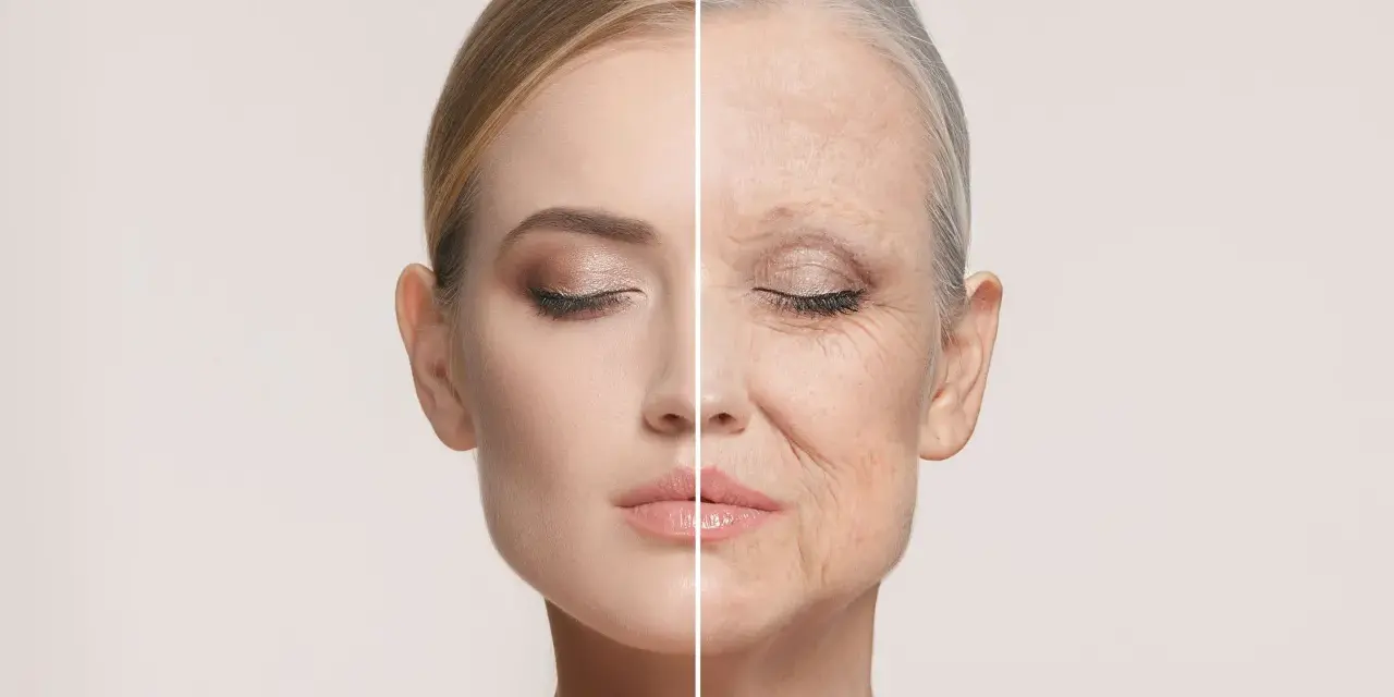 Gesichtshälfte einer jungen Frau neben einer älteren Frau, die zeigt, was bedeutet anti aging.