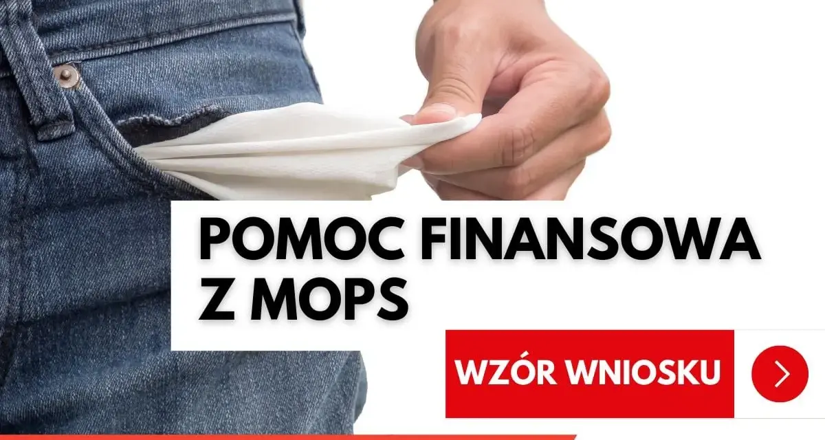 Dłoń wyciąga pustą kieszeń dżinsów. Napis "Pomoc finansowa z MOPS".