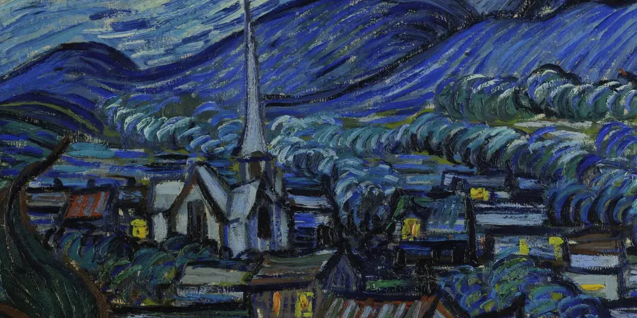 Le tableau La Nuit Étoilée de Van Gogh, une vue nocturne d'un village sous un ciel tourbillonnant de bleu et de jaune.