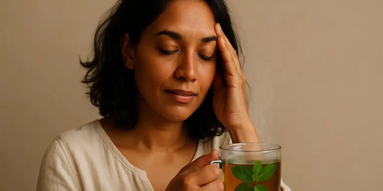 Donna con mal di testa che beve una tisana alla menta, uno dei rimedi naturali per il mal di testa.