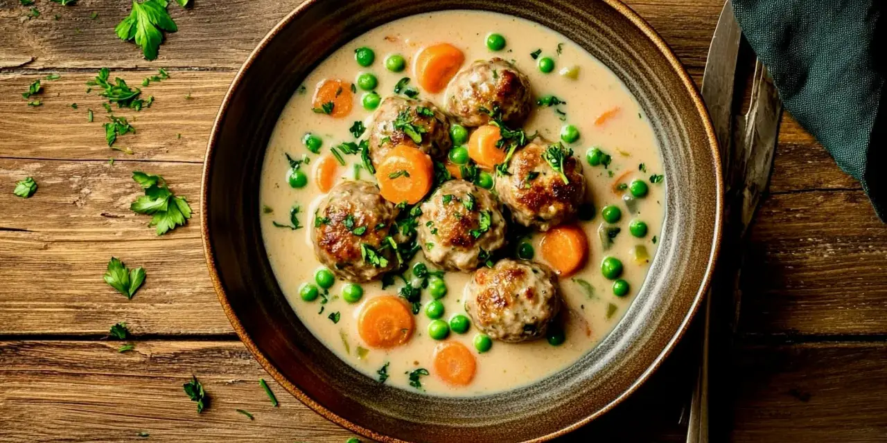 Herzhaftes Gericht mit Fleischbällchen, Erbsen und Karotten in cremiger Soße. Ein köstliches Wikingertopf Rezept für kalte Tage.
