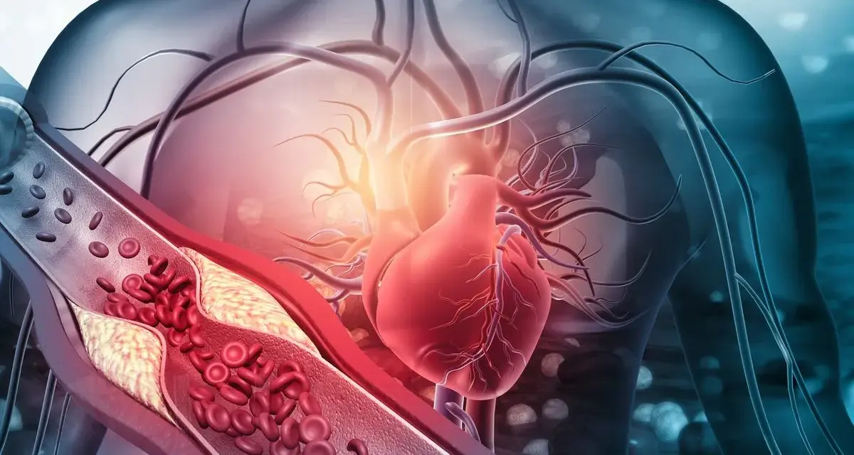 Zatkana tętnica z cholesterolem i czerwonymi krwinkami, obok czerwonego serca. Zrozumienie, po której stronie serce, jest kluczowe dla zdrowia.