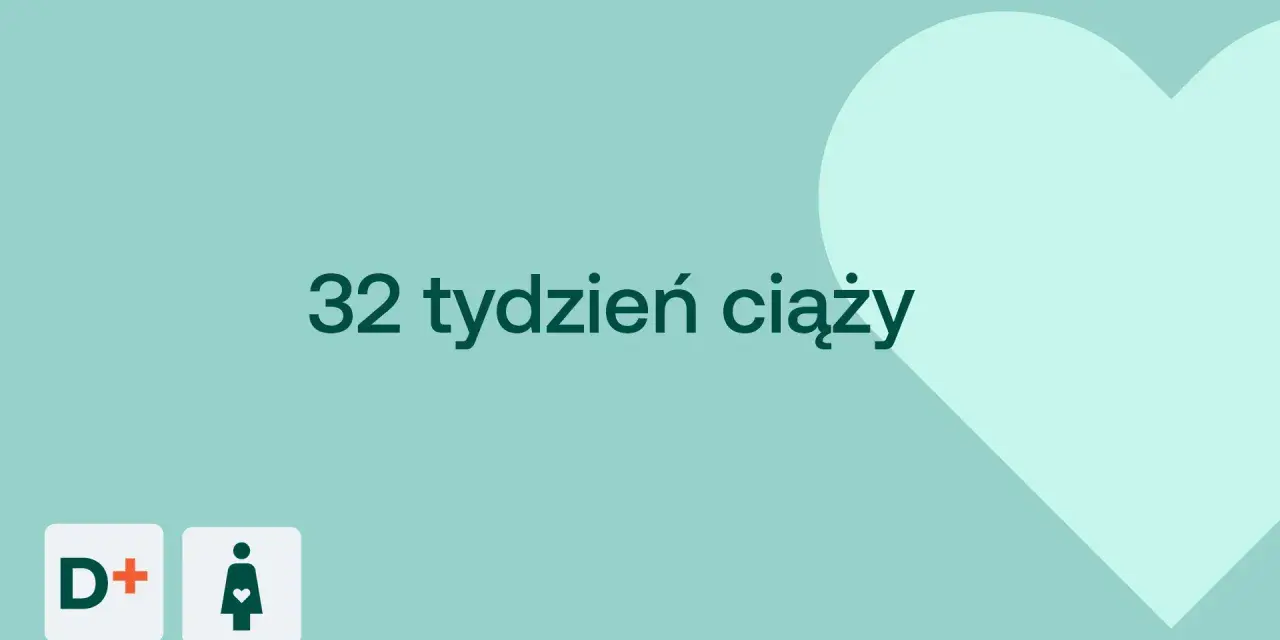 32 tydzień ciąży. Delikatne tło z sercem i ikonami D+ oraz kobiety w ciąży.