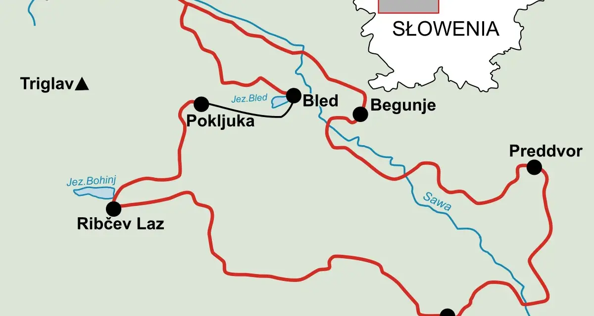 Mapa Słowenii z zaznaczonymi trasami rowerowymi wokół Jeziora Bohinj, Bled, Kranjskiej Gory i innych malowniczych miejsc.