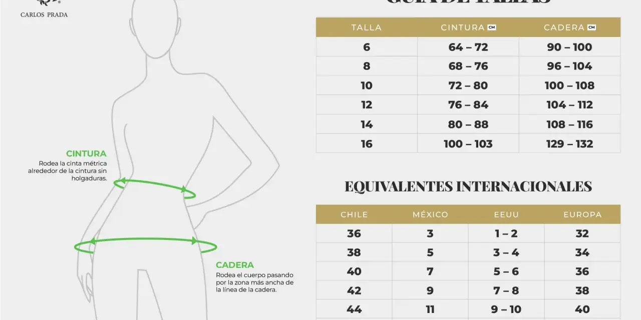 Guía de tallas Carlos Prada: ¿qué número es un pantalón talla L? Tabla de medidas de cintura y cadera, equivalentes internacionales.