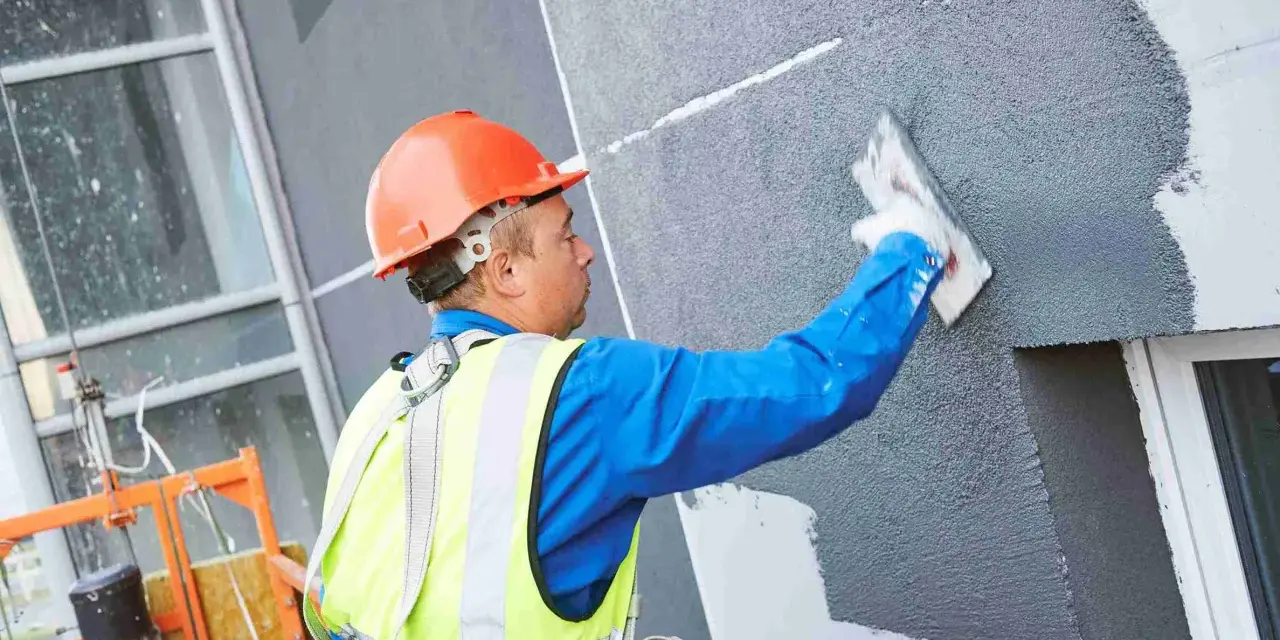 Obrero con casco naranja aplica revestimiento texturizado en fachada, parte de un sistema de aislante térmico exterior.