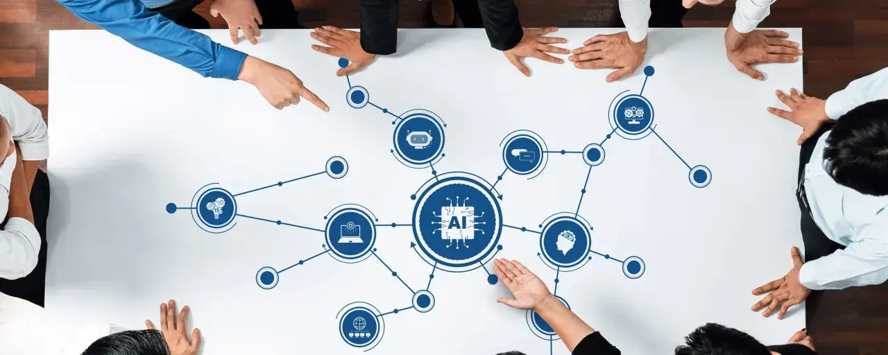 A diverse group of people gather around a table, their hands pointing to an AI diagram. This ai board of directors is strategizing the future of artificial intelligence.