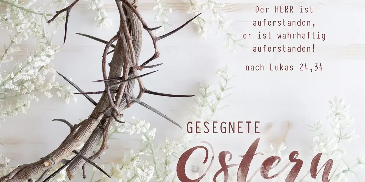 Dornenkrone mit weißen Blüten und Ostergruß.