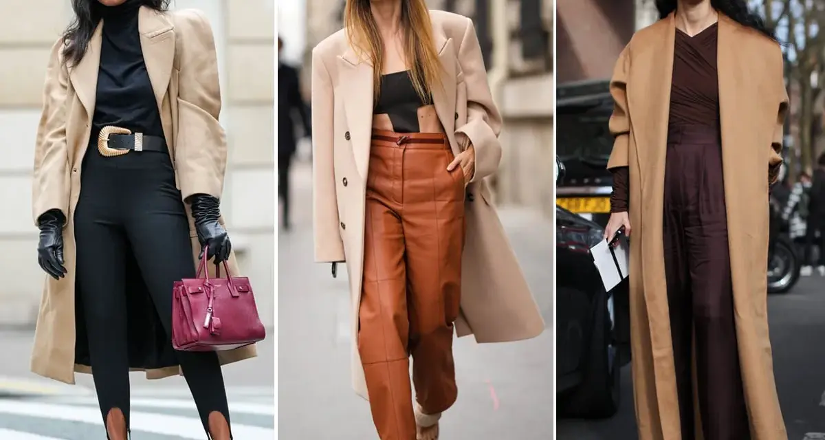 Tre donne mostrano come abbinare il color cammello con outfit eleganti: nero, cuoio e marrone scuro.