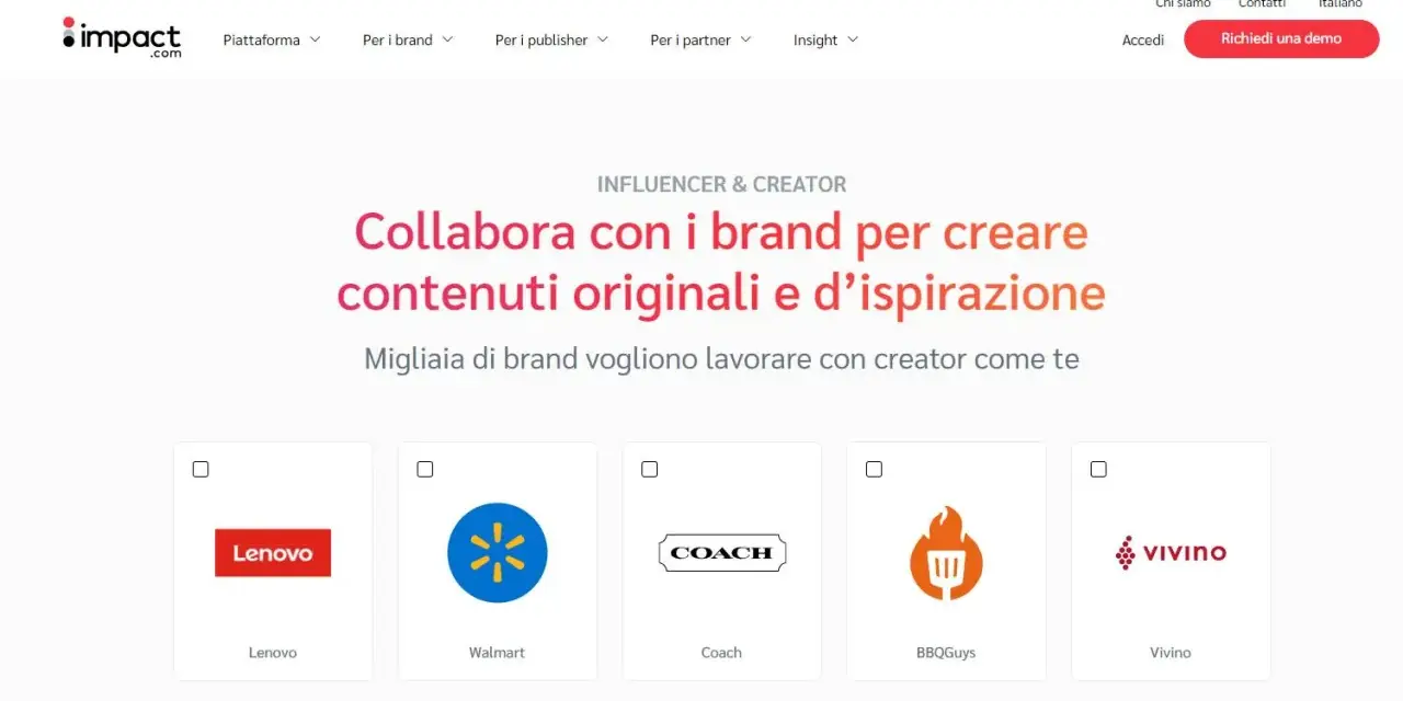 Piattaforma di marketing di affiliazione che connette creator e brand. Logo Impact.com e loghi di brand come Lenovo, Walmart, Coach, BBQGuys, Vivino.