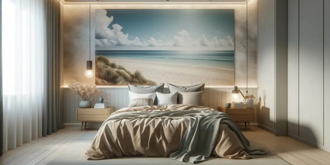 Traumhafte schlafzimmer ideen: Ein Strandmotiv an der Wand bringt Urlaubsfeeling. Gemütliches Bett mit beiger Decke und grauen Kissen.
