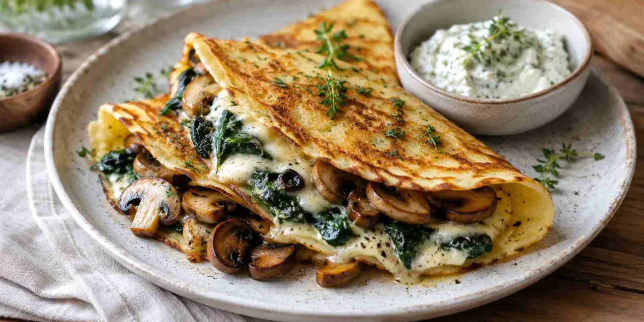 Herzhafte Pfannkuchen gefüllt mit Spinat und Pilzen, überbacken mit Käse, serviert mit Kräuterquark.